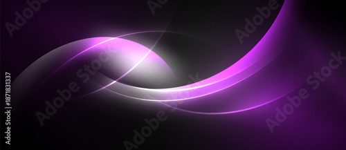Abstract purple lines curve across dark background. Smooth gradients create luminous effect, suggesting movement, energy. Minimalist design.