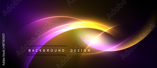 Abstract vibrant design features flowing curves, gradients. Purple, yellow hues dominate dark background. Text reads background design.