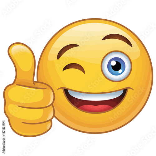 A cheerful yellow smiley face giving a thumbs up and winking