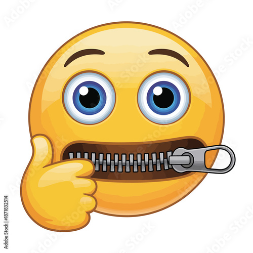 A yellow smiley face with a zipper over its mouth and thumbs up