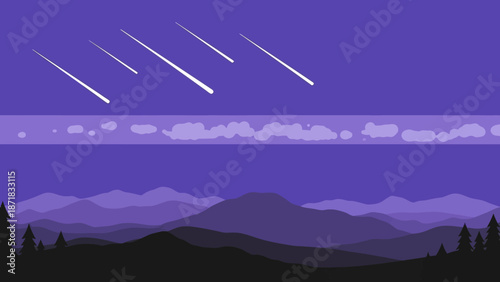 Night sky with shooting stars over mountains landscape.