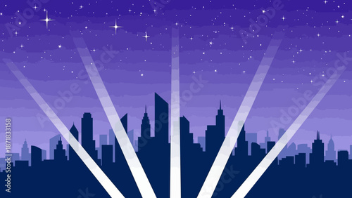 City Skyline Silhouette with Spotlight Beams Under Starry Night Sky.