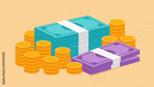 Stacks of gold coins and bundles of money.