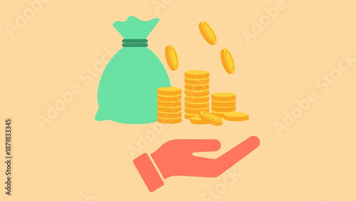Hand holding coins and money bag illustration.