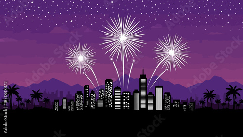 City Skyline with Fireworks Display at Night.