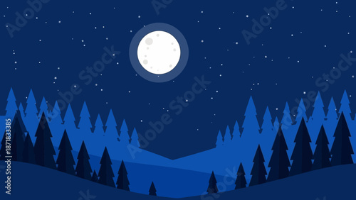 Serene Night Landscape with Full Moon and Silhouetted Trees.