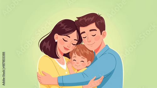 Happy young mother and father embrace their child with care and love. Family concept. Vector illustration