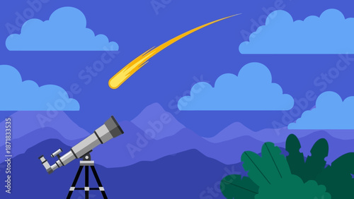Telescope viewing a meteor in the night sky with clouds and mountains.