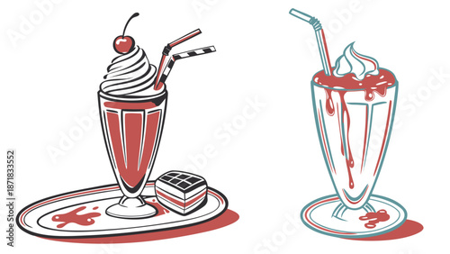 Two colorful milkshakes with whipped cream and cherries, perfect for dessert or a sweet treat