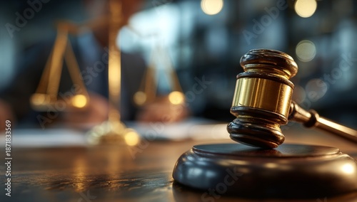 An attorney sits in his office with a gavel, scales of justice, and paperwork on his desk, consulting a client on a legal matter, while the justice system provides legal counsel and advice
