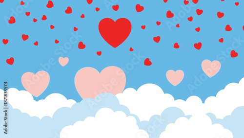 Hearts floating in the sky surrounded by fluffy clouds on a serene blue background.