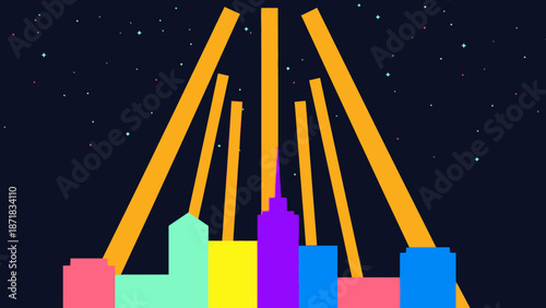 Vibrant City Skyline with Spotlight Beams at Night.