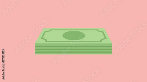 Stack of green banknotes on a pink background.