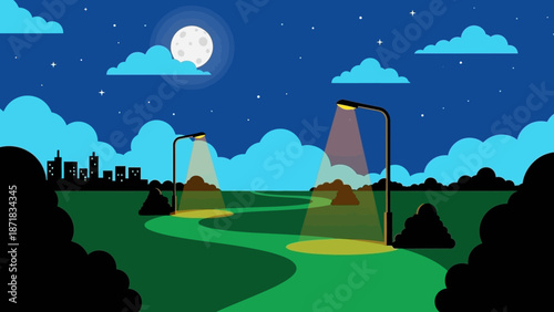 Serene Night Landscape with Streetlights and City Skyline.