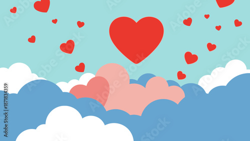 Red hearts floating among white clouds in a serene sky.