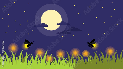 Fireflies flying in the grass under a full moon at night.