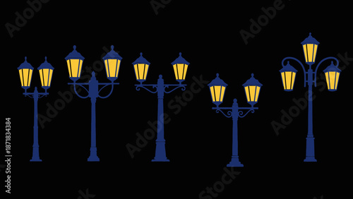 Collection of vintage street lamps with yellow lights against a dark background.
