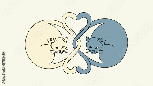 Interconnected cats forming a heart shape in a simple illustration