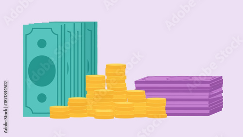 Stacks of money and cash in various forms.