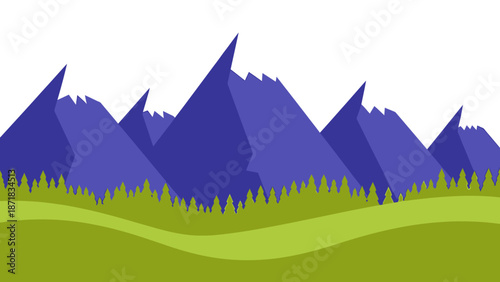 Serene landscape with mountains and green hills illustration.