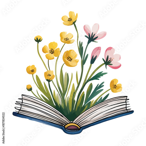 Blooming knowledge an open book with vibrant wildflowers growing from it