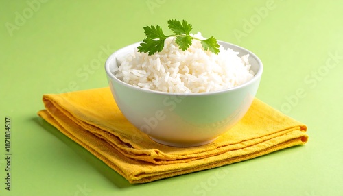 Bowl of Rice with Cilantro on Yellow Napkin.