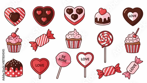 A collection of heart-themed sweets and treats on a white background, showcasing various desserts and candies with love-themed designs and decorations