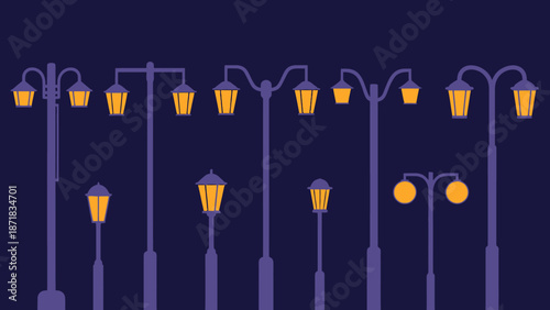 Row of street lamps against a dark background at night.