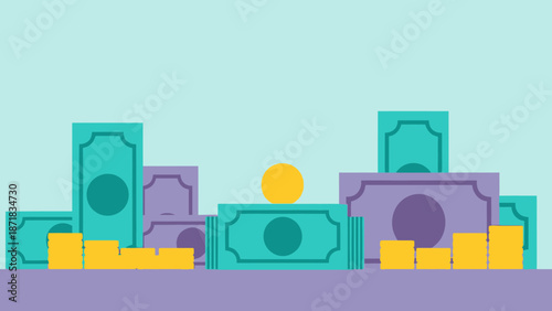 Stacks of banknotes and coins in a minimalist illustration.