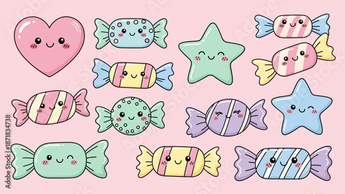 Colorful candies and sweets arranged in a playful pattern on a pastel pink background