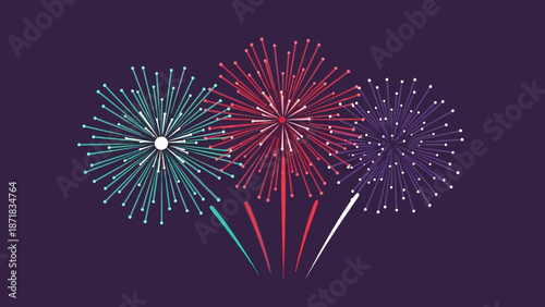 Vibrant Fireworks Display Against Dark Purple Background.