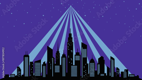 City Skyline Silhouette with Spotlight Beams at Night.