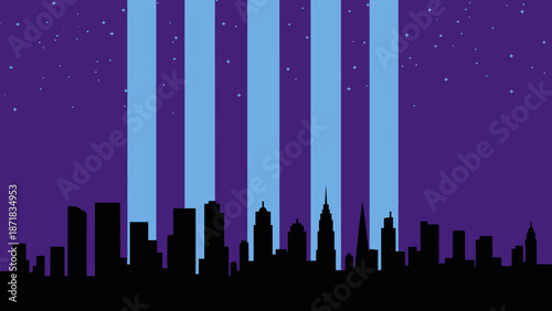 Tribute to 9/11 with New York City Skyline and Twin Towers Memorial Lights.