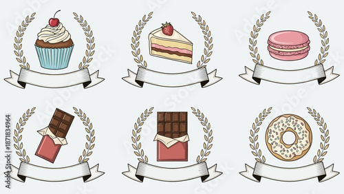 Assorted sweet treats illustrated in a decorative emblem style