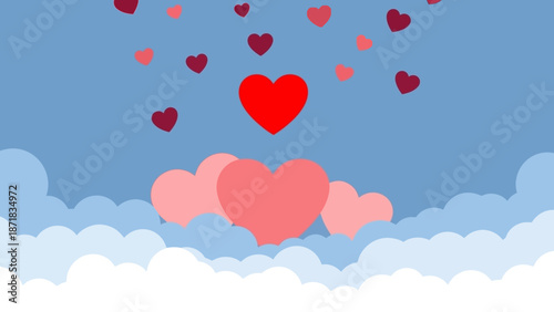Red and pink hearts floating in the sky surrounded by clouds.
