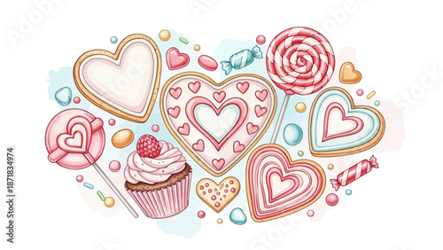 Assortment of colorful heart-shaped sweets and cupcakes arranged in a playful display on a white background