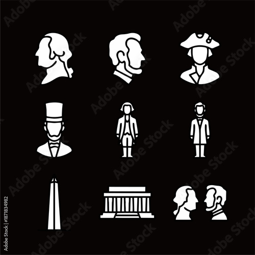 Minimalist White Silhouette American President and Landmark Simple Graphic Icon Set