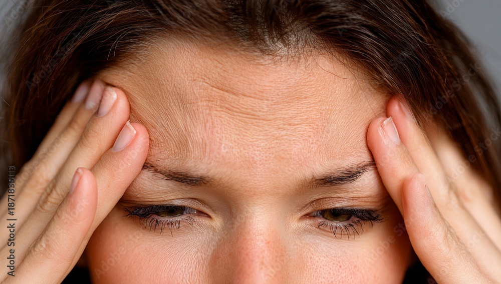 Fototapeta premium The dark‑haired woman places her hand on her scalp, displaying thinning hair. She worries about hair loss, examining hair growth on her head and the concepts of alopecia and aging
