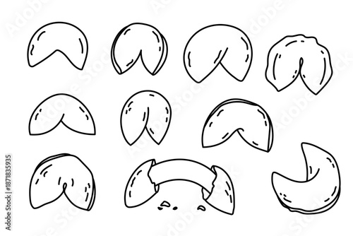 Hand Drawn Fortune Cookie Outline Illustration Set