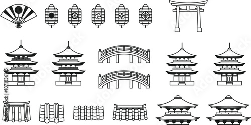 Traditional East Asian architecture vector, pagoda, torii gate, lanterns, bridges, cultural heritage, Japan, China, Korea, illustration, design elements, symbols