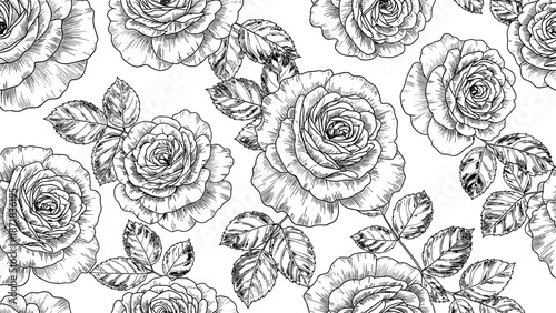 Beautiful vintage hand drawn rose flower seamless pattern background with etched line art blossoms and leaves for textile and wallpaper design