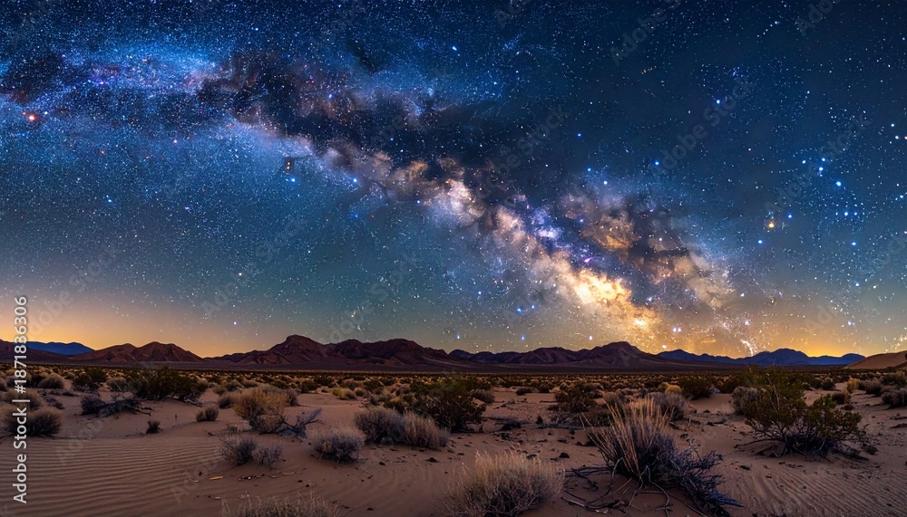 Fototapeta premium Ultra-realistic astrophotography style image of Milky Way galaxy above desert landscape, accurate star distribution, natural night colors, cinematic wide shot, premium space stock realism