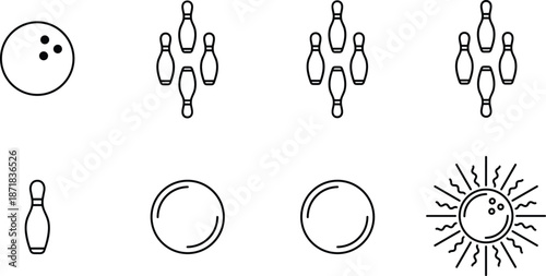 Bowling ball and pin outline icons set, strike spare pin formations and rolling ball symbols, ten pin bowling line vector illustration collection