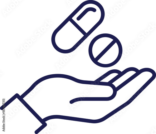 Medication icon, hand offering pills, pharmaceutical care, tablet and capsule, healthcare symbol, flat vector illustration