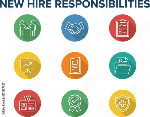 New hire responsibilities onboarding process, employee orientation, HR checklist, training, documentation, ID badge, health benefits, flat vector illustration