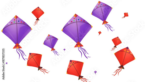Vibrant purple and red kites isolated on transparent background