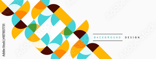 Abstract geometric pattern. Circles, rectangles create dynamic visual flow. Warm, cool colors contrast nicely. Modern design element.