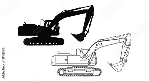 Detailed black and white illustrations of heavy construction excavators