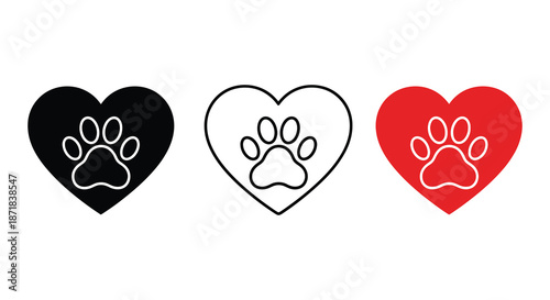Three heart icons with paw prints inside in black white and red