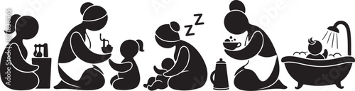 Mother and child daily routine silhouette illustration